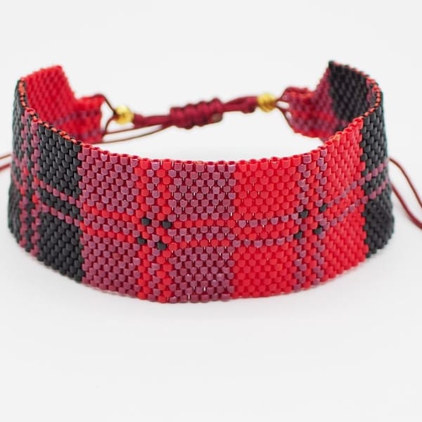 bracelet tartan rouge boho miyuki, scotch plaid seed beaded hippie bracelet bijoux, métier à tisser miyuki bijoux, cadeau pour femme