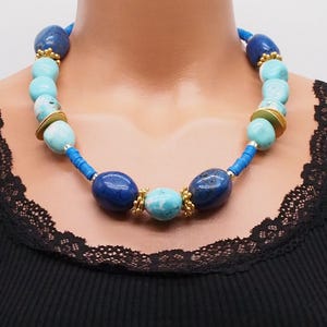 unusual blue mix stone necklace, chunky bib statement necklace, healing turquoise blue necklace jewelry, gift for mom,