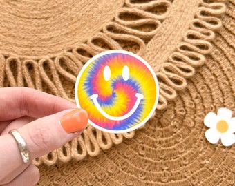 Tie Dye Smiley Face Sticker, Retro Happy Face Waterproof Vinyl Sticker, Groovy 70s Aesthetic Trippy Hippie Sticker for Laptop Water Bottle