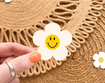 Smiley Face Daisy Retro Sticker, Groovy 60s 70s Aesthetic Flower Sticker, Waterproof Vinyl White Floral Smile Decal for Laptop Water Bottle