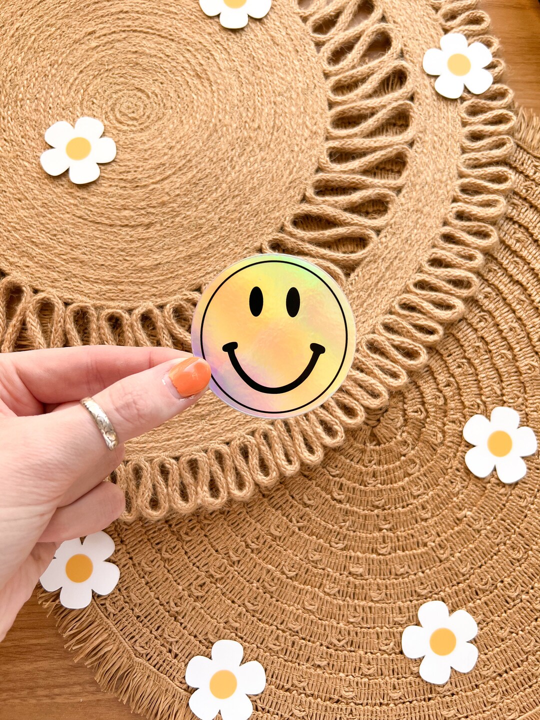 Holographic Smiley Face Sticker, Trendy Retro Waterproof Vinyl Sticker ...