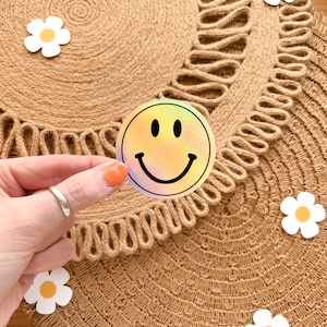 Holographic Smiley Face Sticker, Trendy Retro Waterproof Vinyl Sticker, Shiny Rainbow Sticker, Happy Sticker for Laptop Water Bottle Car