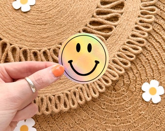 Holographic Smiley Face Sticker, Trendy Retro Waterproof Vinyl Sticker, Shiny Rainbow Sticker, Happy Sticker for Laptop Water Bottle Car