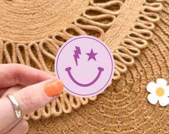 Retro Smiley Face Sticker, Purple Happy Face Waterproof Vinyl Sticker for Laptop Water Bottle, Groovy 70s Aesthetic Sticker, Lightning Bolt
