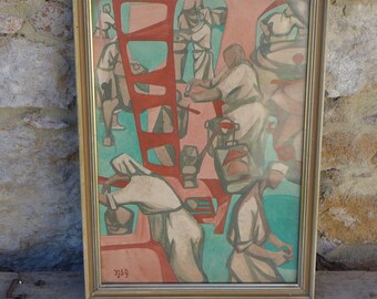 Pintura moderna de meados do século XX, 1959, cena de trabalhadores industriais, realismo social, estilo cubista, obra de arte emoldurada.