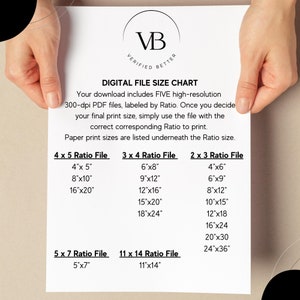 K&ouml;nnte beinhalten: Eine digitale Dateigr&ouml;&szlig;entabelle f&uuml;r druckbare Grafiken. Die Tabelle listet f&uuml;nf verschiedene Seitenverh&auml;ltnisse und die entsprechenden Druckgr&ouml;&szlig;en in Zoll auf. Die Tabelle ist mit "Verified Better" und "Digital File Size Chart" beschriftet.