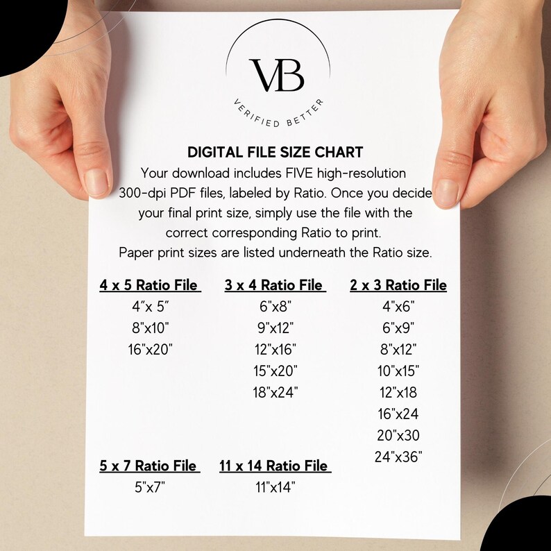 K&ouml;nnte beinhalten: Eine digitale Dateigr&ouml;&szlig;entabelle f&uuml;r druckbare Grafiken. Die Tabelle listet f&uuml;nf verschiedene Seitenverh&auml;ltnisse und die entsprechenden Druckgr&ouml;&szlig;en in Zoll auf. Die Tabelle ist mit "Verified Better" und "Digital File Size Chart" beschriftet.