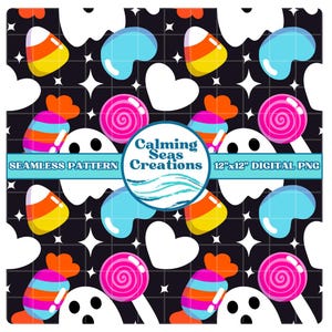 Halloween Ghost Candy Heart Fall Digital Seamless Paper Pattern PNG Scrapbook Fabric Surface Design October Spooky Season Background