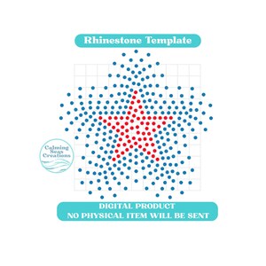 May include: A digital rhinestone template featuring a star design. The star is composed of red dots, surrounded by a field of blue dots, all arranged on a grid. Text at the top reads "Rhinestone Template" and at the bottom "Digital Product, No Physical Item Will Be Sent."