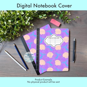 May include: Digital notebook cover with a purple background featuring seashell and mermaid tail patterns. The notebook has a composition book label and the text "Digital Notebook Cover". A pencil, pen, and eraser are also visible.