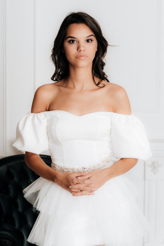 Tea - Two piece Beach wedding dress / Classy off shoulder dress with detachable overskirt
