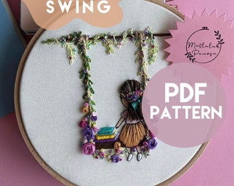 Embroidery Pattern, PDF Pattern with Color and Stitch Guide, Beginner Embroidery, PDF Download, Bookworm on Swing PDF Pattern