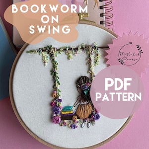 Embroidery Pattern, PDF Pattern with Color and Stitch Guide, Beginner Embroidery, PDF Download, Bookworm on Swing PDF Pattern