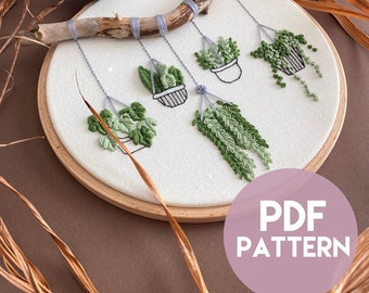 Embroidery Pattern, PDF Pattern with illustrated step-by-step explanation, Beginner Embroidery, PDF Download, Hanging Suculent PDF Pattern