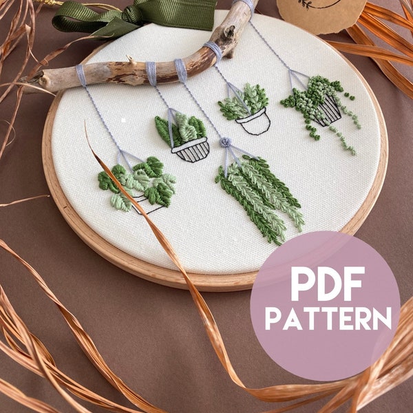 Embroidery Pattern, PDF Pattern with illustrated step-by-step explanation, Beginner Embroidery, PDF Download, Hanging Suculent PDF Pattern