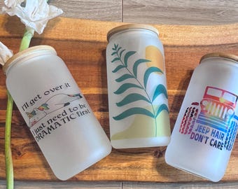 16 oz Frosted Glass Can Tumbler with Bamboo Lid & Straw - Custom Frosted Glass Cup, Cute Cactus, Sunshine, Jeep or Floral Gift