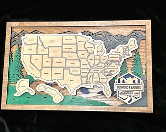 Customizable Wooden Travel Map, USA Travel Map, Engraved Travel Map, Adventure Map, Map Artwork, Removable States Map