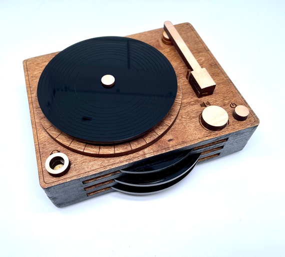 Mini Record Player Coaster Set | Wood and Black Acrylic Coasters