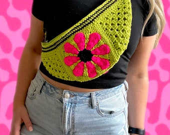 Trendy Viral Crochet Handmade Fanny Pack Retro Daisy Flower Neon Bum bag