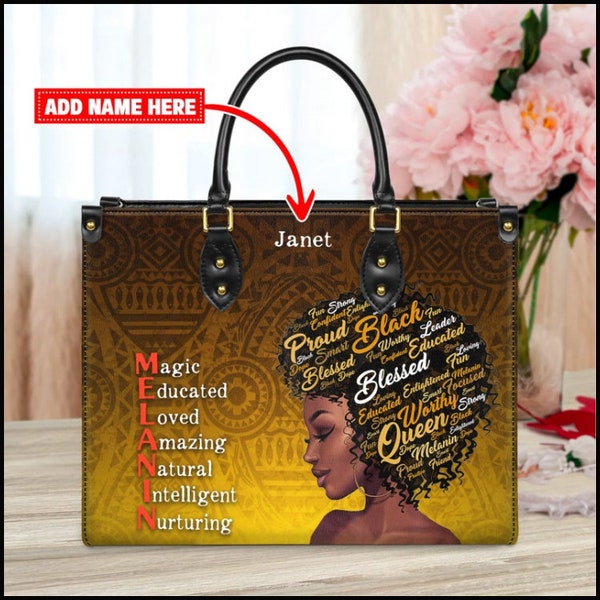 Personalized Black Girl Leather Bag, Custom Name Leather Handbag for Black Women, Gift for Her With Name, Shoulder Tote Bag