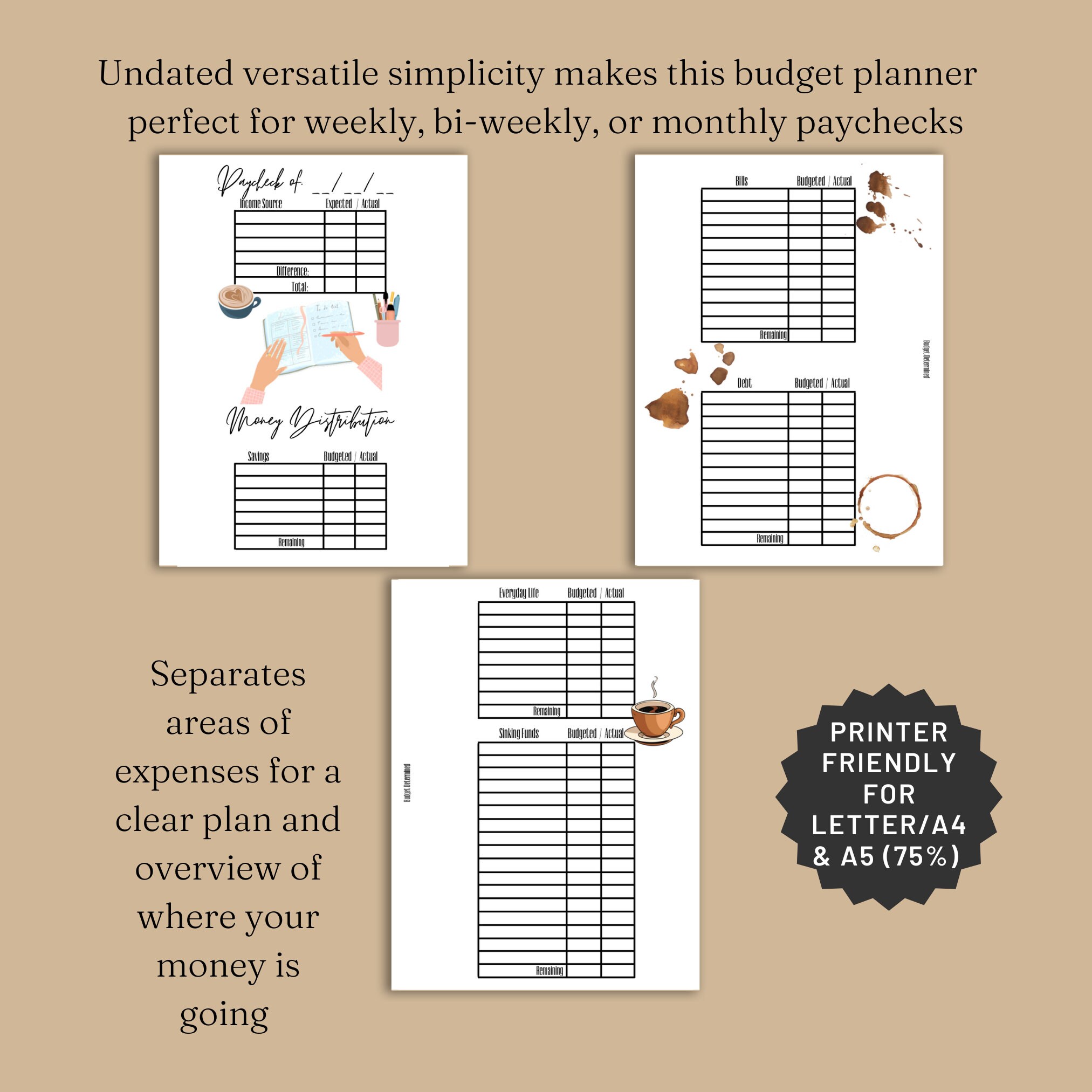 Printable Undated Coffee Budget Planner Cash Budgets A4 Letter Etsy