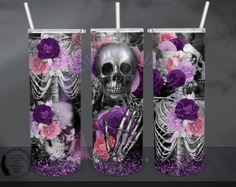 Purple - Skull - Skeleton - Roses 20 oz Skinny Sublimation Goth, Gothic, Halloween, Vintage