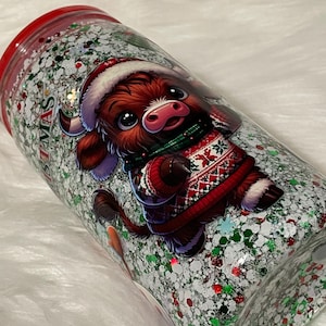 Ready To Ship Merry Christmas HIGHLAND COW 16oz Acrylic Glitter Snow Globe Libbey Can Cup with High Quality UVDTF Wraps