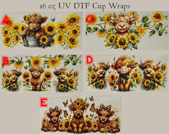 Sunflower Themed Highland Cow UV DTF Waterproof Cup Individual Wraps for 16 oz Libbey Can Stickers Decal