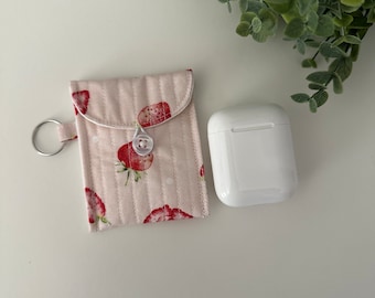 AirPod Pink Strawberry Print Quilted Handmade Case, AirPod Pouch, AirPod Holder, Travel Case, Cute Gift, Button Case, Headphones Case