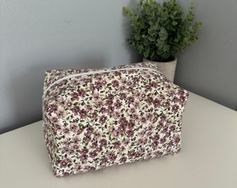 Large Quilted Purple Floral Makeup Bag, Makeup Pouch, Cosmetic Pouch, Travel Pouch, Box Pouch, Bridesmaid Gift, Toiletry Skincare Bag