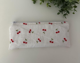 Quilted Cherry Print Pencil Pouch, Zipper Pouch, Pencil Case, Zipper Case, Toiletry Pouch, Utility Pouch, Cosmetic Pouch, Back to School