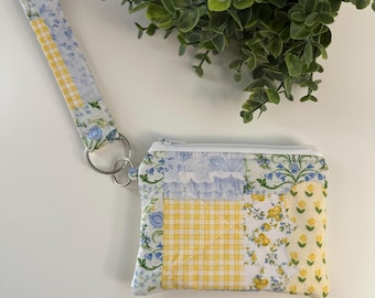 Yellow & Blue Patchwork Print Quilted Pouch Wristlet, Wallet, Keychain Wallet, Fabric Key Fob, Coin Pouch, Change Purse, Card Holder, Keys