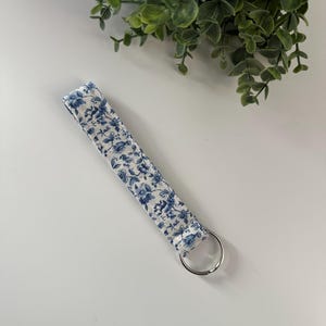 Antique Blue Floral Keychain Wristlet, Fabric Key Fob, Wrist Keychain, Key Chain, Quilted Key Fob, Lanyard Key Holder, Bags & ID Holder