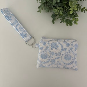 Cartera de mano acolchada con estampado playero azul, billetera, llavero, llavero de pulsera, llavero de tela, monedero, monedero, tarjetero
