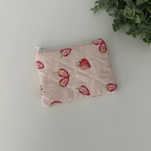 Handmade Pink Dainty Strawberry Quilted Coin Pouch, Coin Purse, Coin Holder, Wallet, Cute Gift, Quilted Wallet, Card Holder, Change Purse