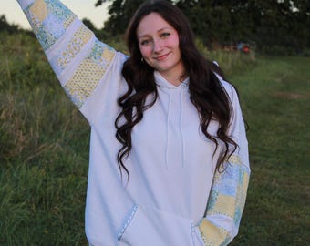 Yellow & Blue Patchwork Hoodie Sweatshirt, Hooded Sweatshirt, Coastal Grandma, Pullover, Cozy Unisex Hoodie, Personalized Sweatshirt, Patch