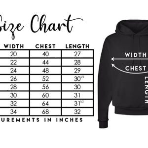 May include: Black hoodie with a size chart. The chart shows measurements in inches for width, chest, and length, ranging from size S to 5XL. The text "Size Chart" is at the top.