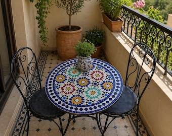 Handmade Moroccan Mosaic Table – Colorful Zellige Tile Patio Table with Iron Chairs Set – Outdoor Balcony Decor – Artisan Round Coffe
