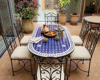 Mesa ovalada de mosaico marroquí, mesa de comedor zellige, conjunto de jardín para interior/exterior.