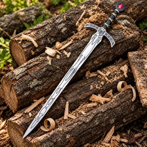 Puede incluir: Una espada de tono plateado con una hoja puntiaguda y patrones negros grabados. La empuñadura incluye una guarda con grabados detallados, un mango negro envuelto en hilo de plata y un pomo circular con una piedra preciosa roja brillante.