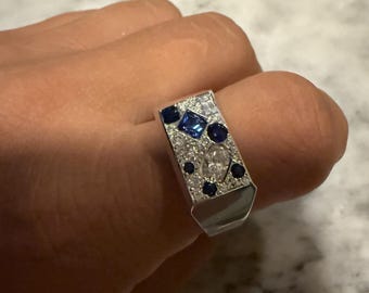 Sapphire & Diamond Sterling Silver Ring - Handmade Unisex Design