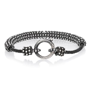 Sterling Silver Beads Leather Bracelet - Antique Style Mens Jewelry