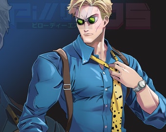 May include: A digital illustration of a man with blond hair wearing a blue button-down shirt, a yellow and black patterned tie, khaki pants, and a black belt. He is holding a white and black patterned knife. The text "Pi/W ヒローディーエス" is in the background.