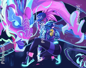 May include: A digital illustration of a female character with pink hair wearing a black and blue outfit with a gold dragon on the back. She is standing in front of a large pink and blue dragon with glowing eyes. The character is wearing a black cap with the letters "KDA" on it.
