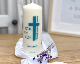 Personalisierte Konfirmationskerze mit Kreuz und Fischen, besonders auch zur Geburt, Kommunion, Hochzeit oder anderer besonderer Anlass