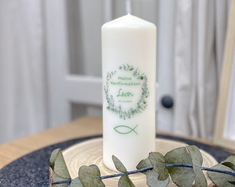 Personalized candle for confirmation, birth, baptism, communion, wedding, special occasion, wreath, floral design, confirmation candle