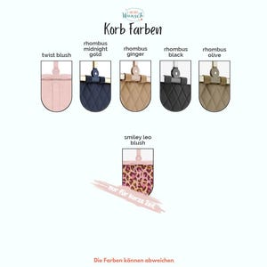 Pu&ograve; includere: Una tabella colori intitolata Korb Farben che mostra sei opzioni di tessuto per cestini: twist blush, rhombus midnight gold, rhombus ginger, rhombus black, rhombus olive e un'edizione limitata smiley leo blush con motivo leopardato.