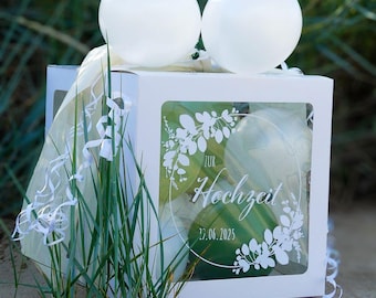 Geschenkbox zur Hochzeit | Ballonbox mit Luftballons & Hochzeitsdatum  | Hochzeitsgeschenk Überraschungsbox | Floral Design