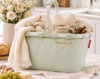 Reisenthel Carrybag personalisiert | Einkaufskorb mit Stickerei | Mit Name oder Initialen | Geschenk für Frauen & Mamas | Teddy | Herz