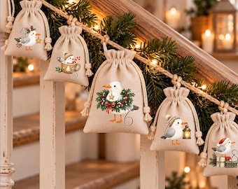 May include: A series of beige drawstring fabric pouches hanging from a staircase railing. Each pouch features a printed illustration of a seagull with holiday-themed elements and a large number, including numbers four, five, six, seven, and eight.